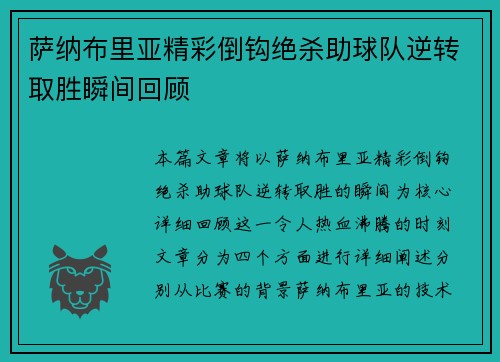 萨纳布里亚精彩倒钩绝杀助球队逆转取胜瞬间回顾
